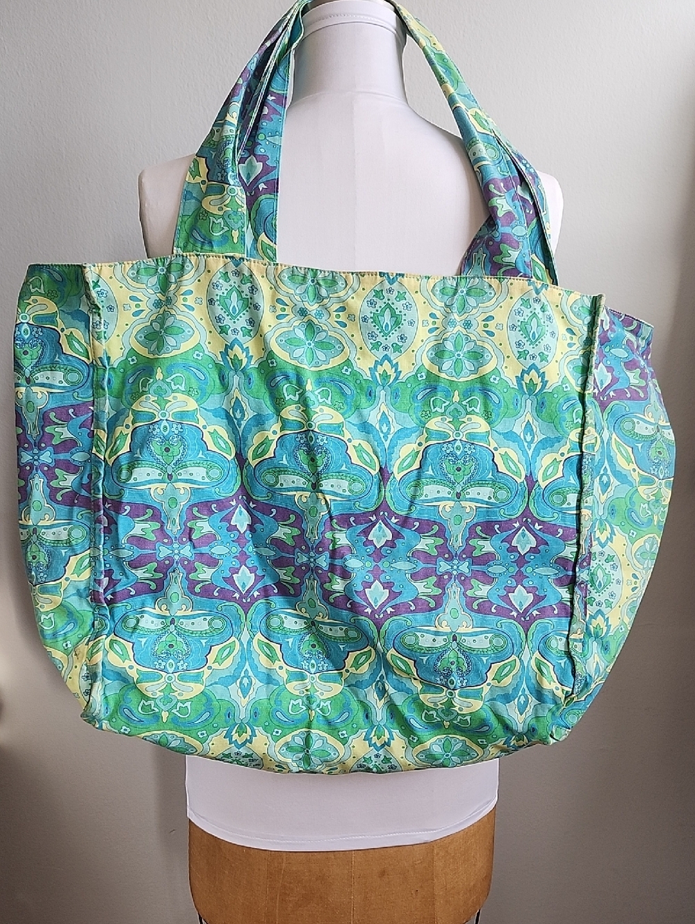 GAP Patterned Tote in Teal, Aqua & Purple Cotton Large 17x18x8